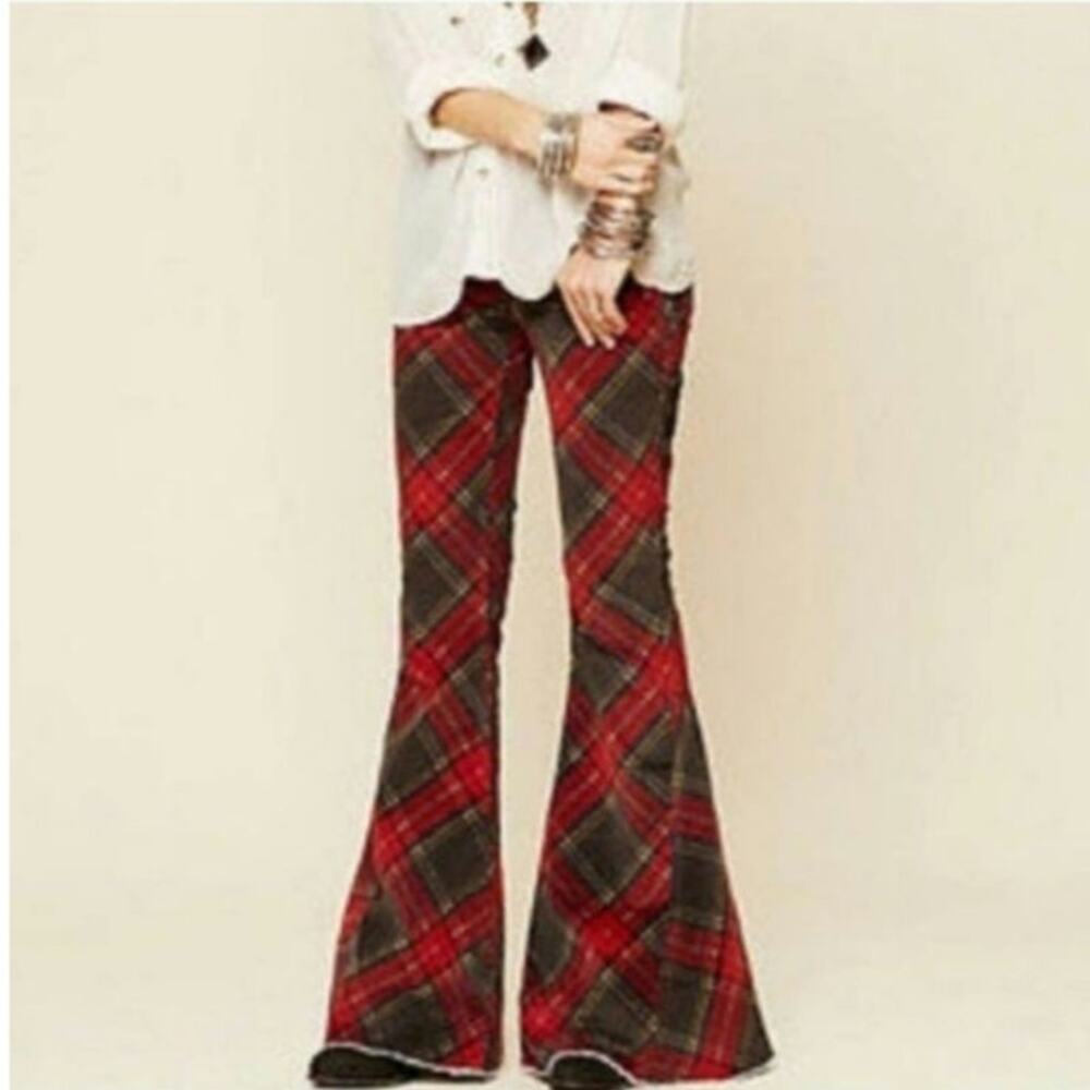 Free People Red Plaid Flare Wide Leg Jeans